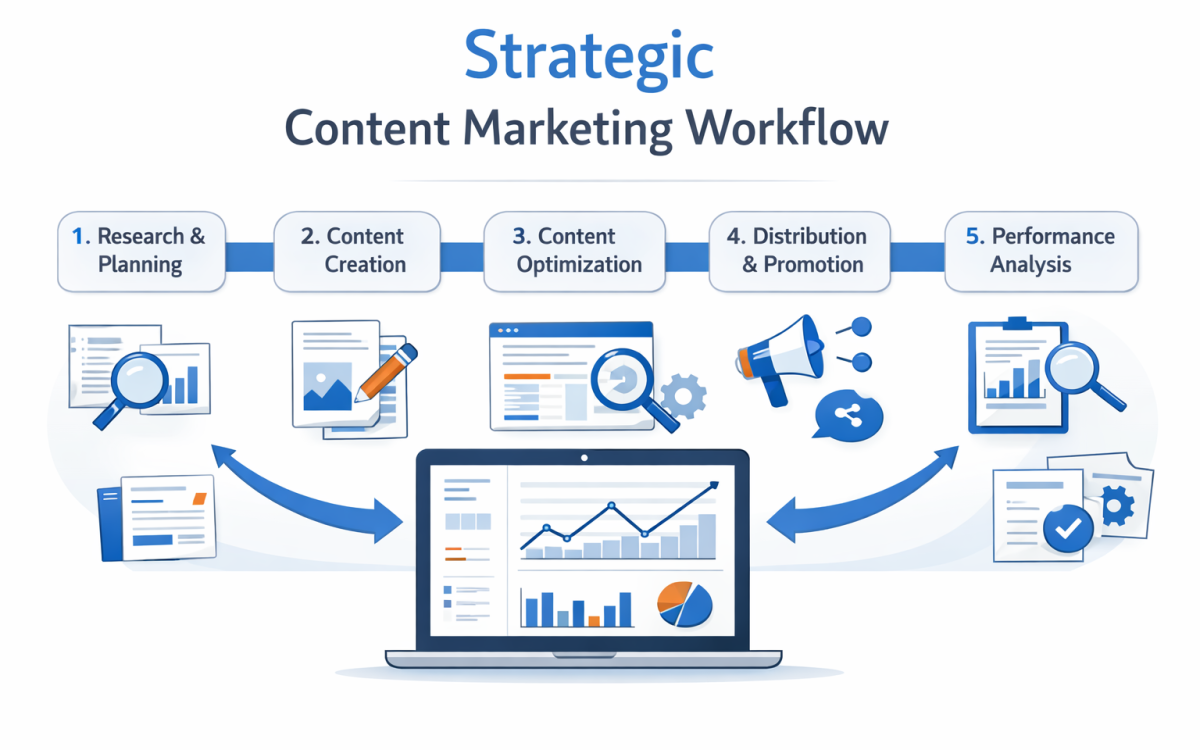 Six-step content marketing workflow from planning to analytics