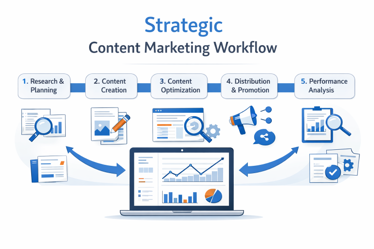 Six-step content marketing workflow from planning to analytics