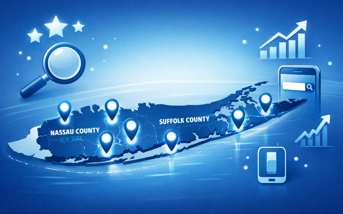 Long Island map with location pins showing local business search ranking signals