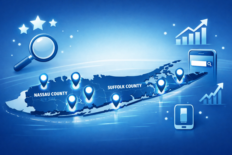 Long Island map with location pins showing local business search ranking signals