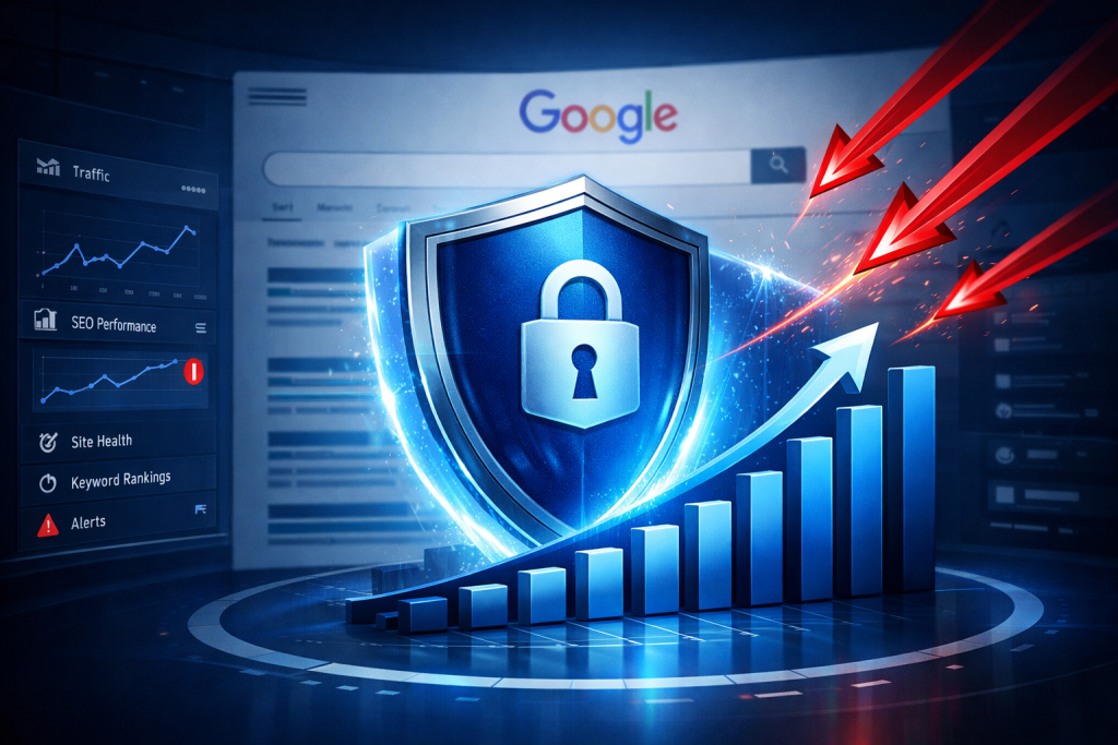 Negative SEO protection showing shield defending business search rankings