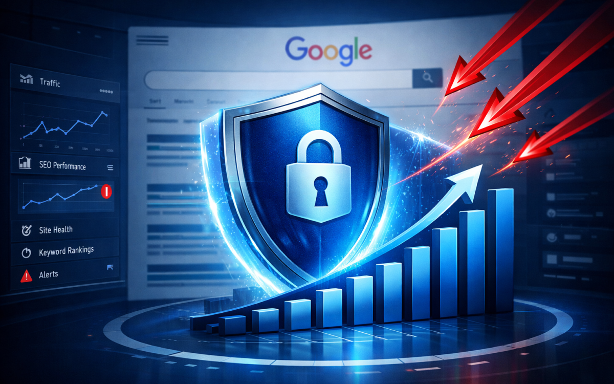 Negative SEO protection showing shield defending business search rankings