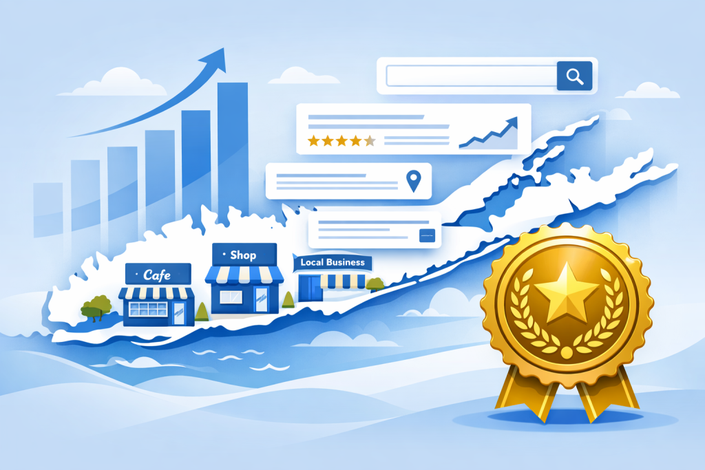 Long Island map with SEO growth metrics and NewSunSEO award badge