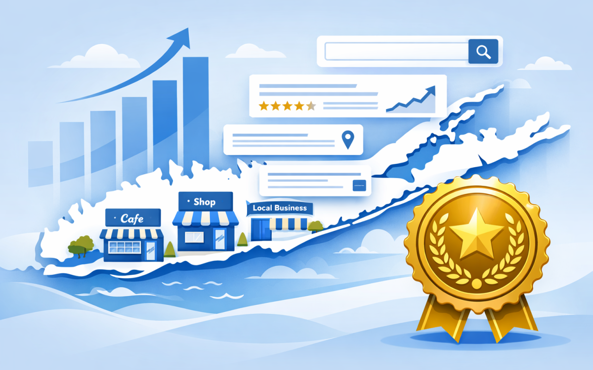 Long Island map with SEO growth metrics and NewSunSEO award badge