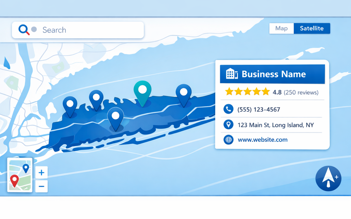Optimized Google Business Profile listing over a Long Island map