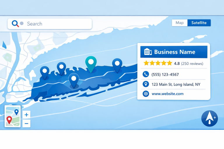 Optimized Google Business Profile listing over a Long Island map