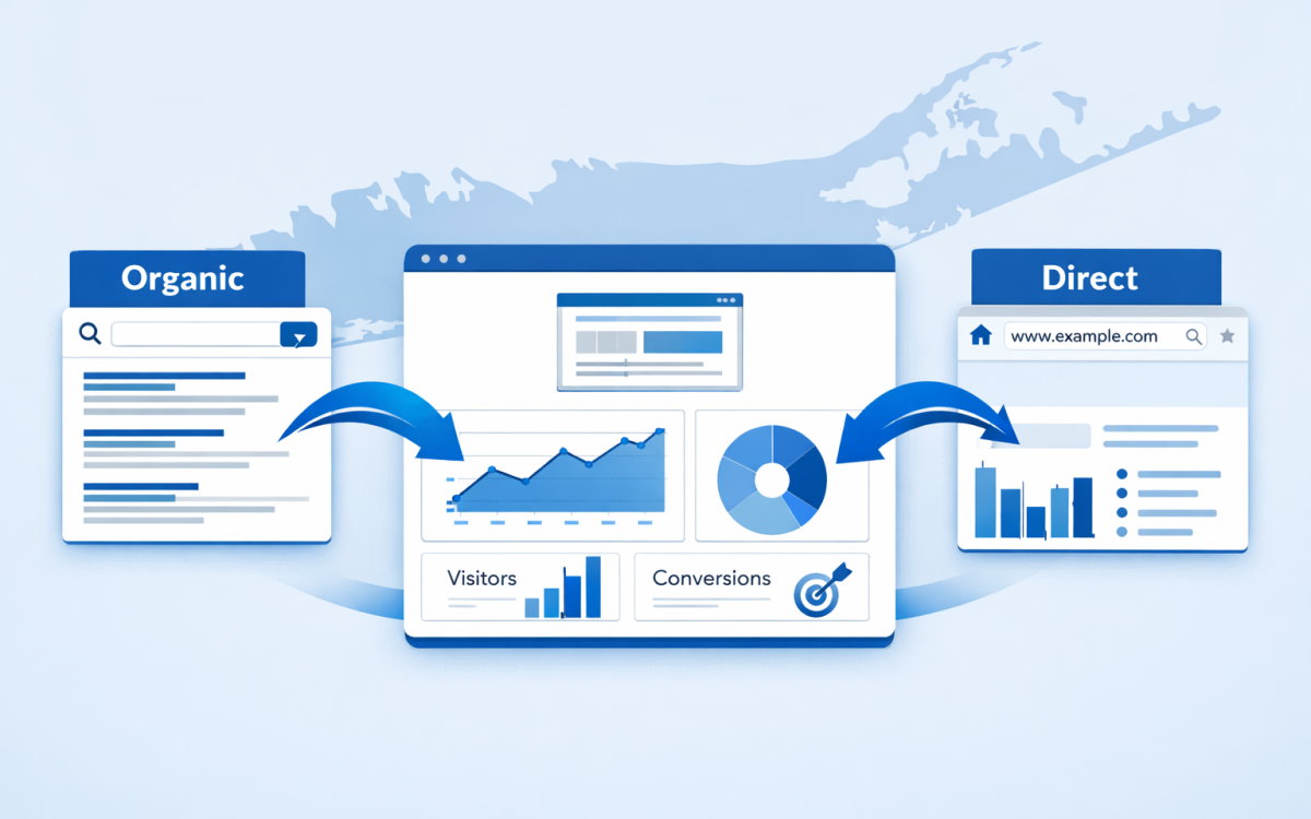 Analytics dashboard comparing organic and direct website traffic for Long Island businesses