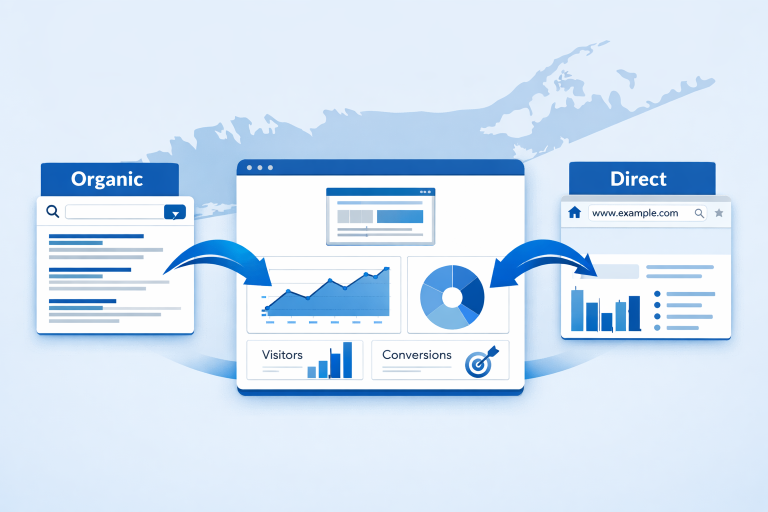 Analytics dashboard comparing organic and direct website traffic for Long Island businesses