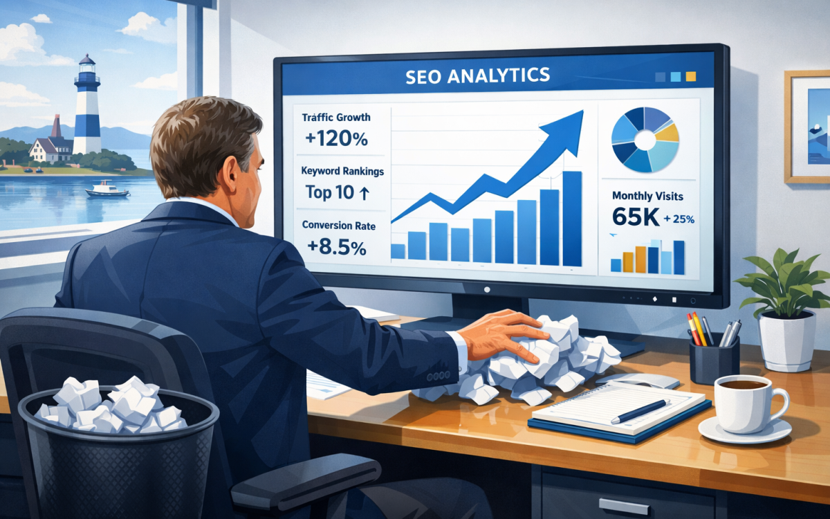 Business owner modernizing SEO strategy on a digital dashboard