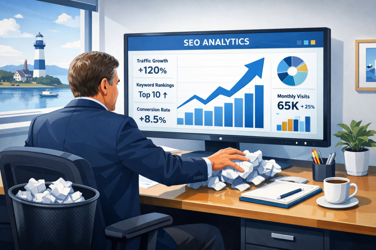 Business owner modernizing SEO strategy on a digital dashboard