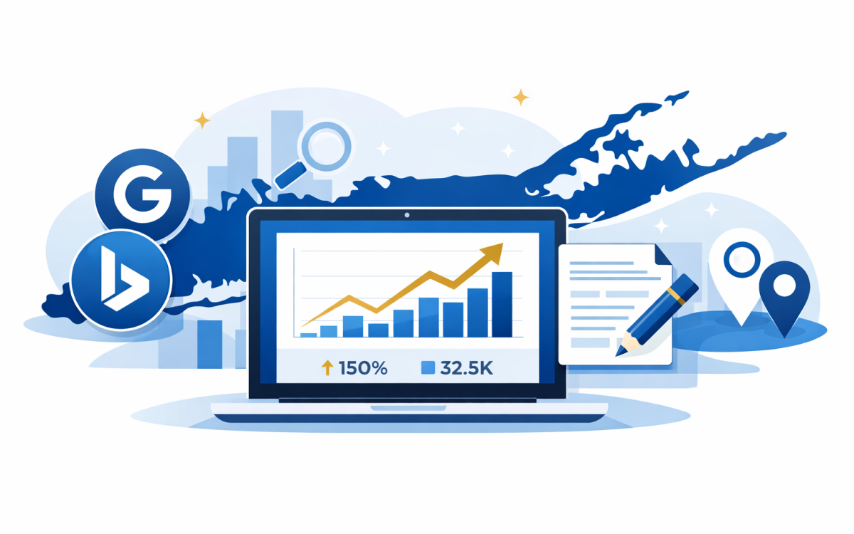SEO copywriting strategy with website analytics and local search optimization elements