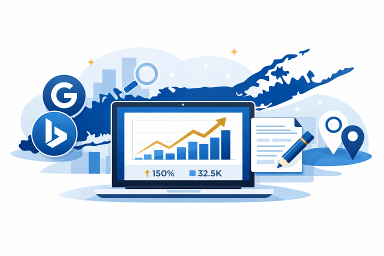 SEO copywriting strategy with website analytics and local search optimization elements