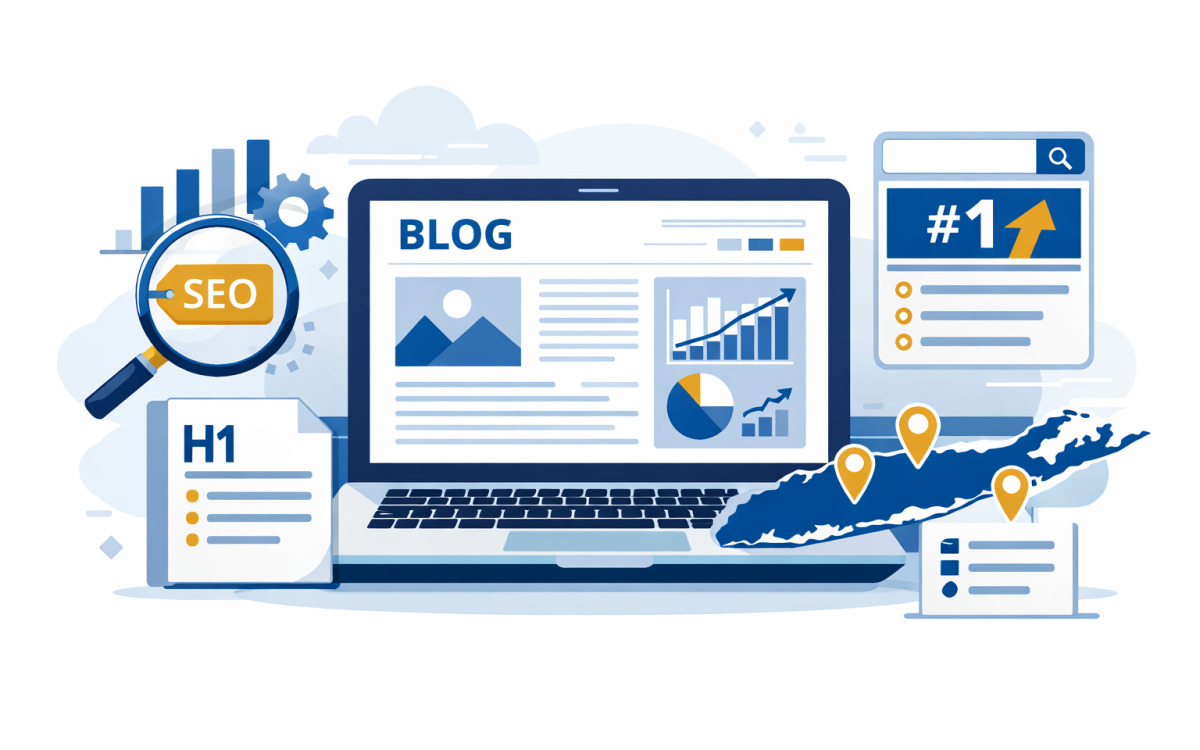 SEO blog post creation with keyword research, analytics, and Long Island targeting elements