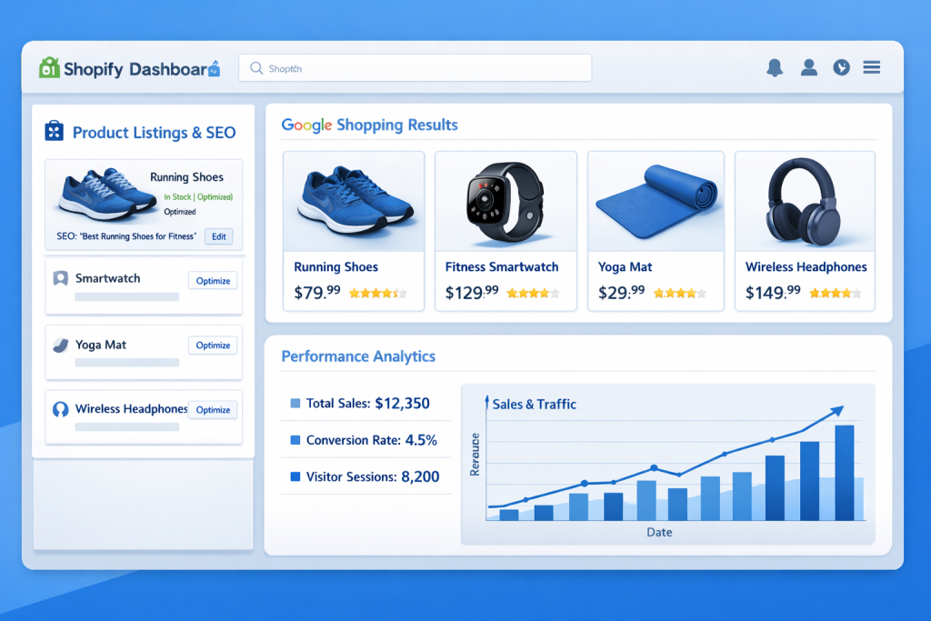 Shopify e-commerce SEO showing product listings and search rankings for Long Island stores
