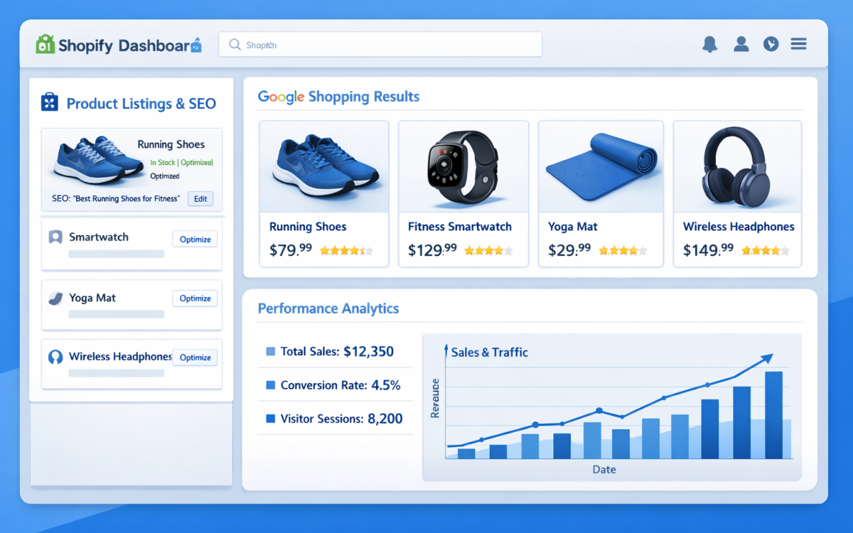 Shopify e-commerce SEO showing product listings and search rankings for Long Island stores