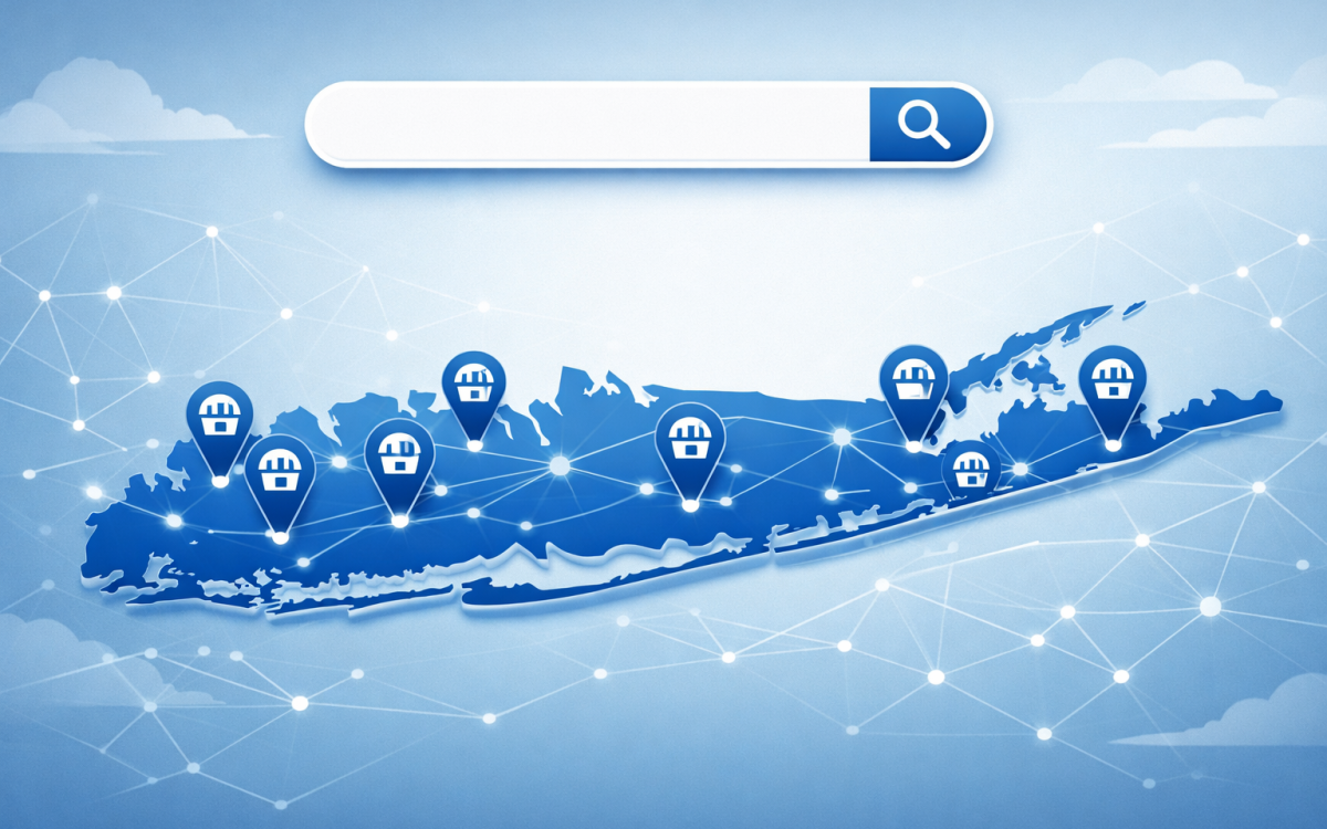 Illustrated map of Long Island with small business locations linked by SEO network lines