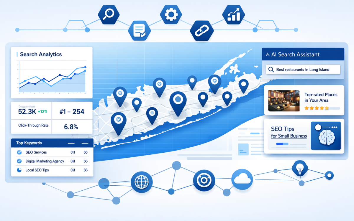 SEO strategy dashboard with Long Island map pins and AI search elements