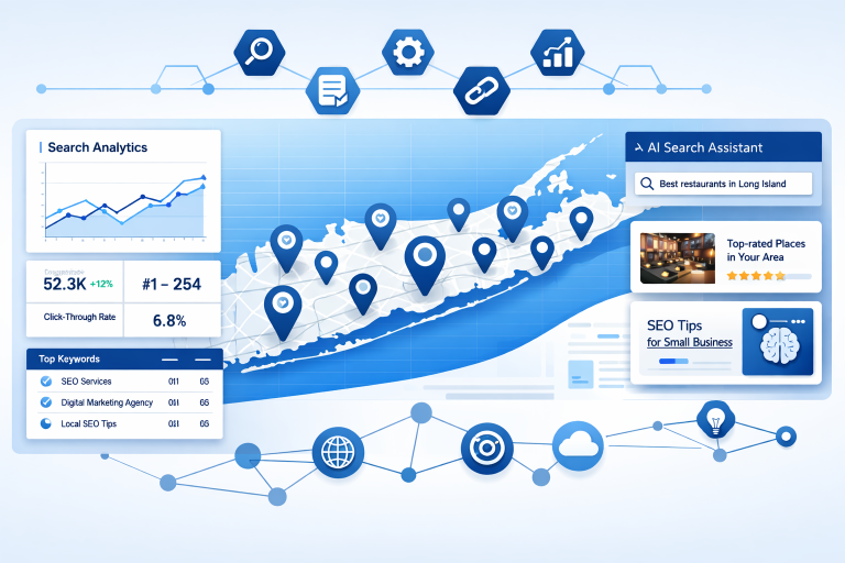 SEO strategy dashboard with Long Island map pins and AI search elements