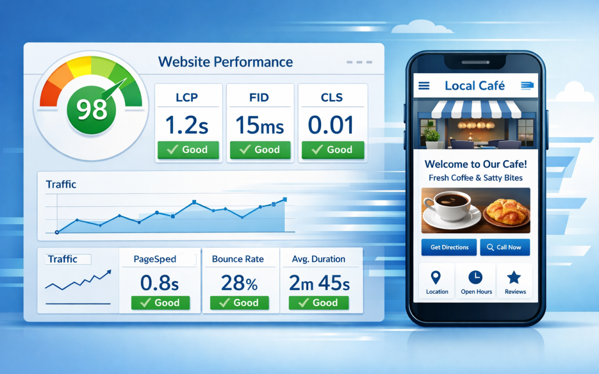 Website performance dashboard with Core Web Vitals and a mobile device