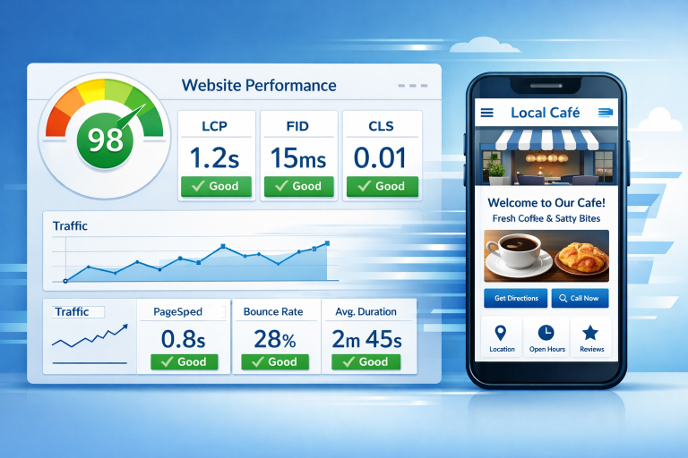 Website performance dashboard with Core Web Vitals and a mobile device