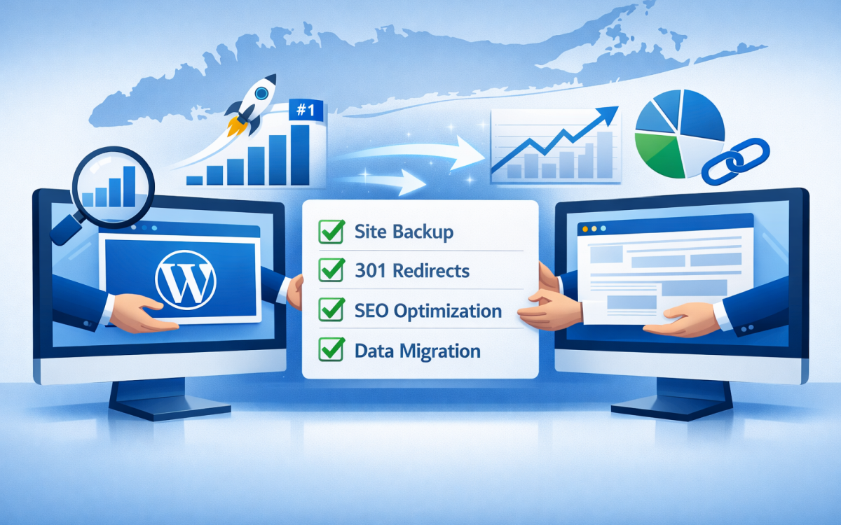 WordPress site migration between screens with SEO checklist and Long Island silhouette