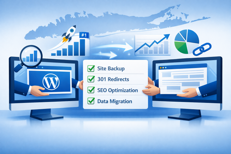 WordPress site migration between screens with SEO checklist and Long Island silhouette