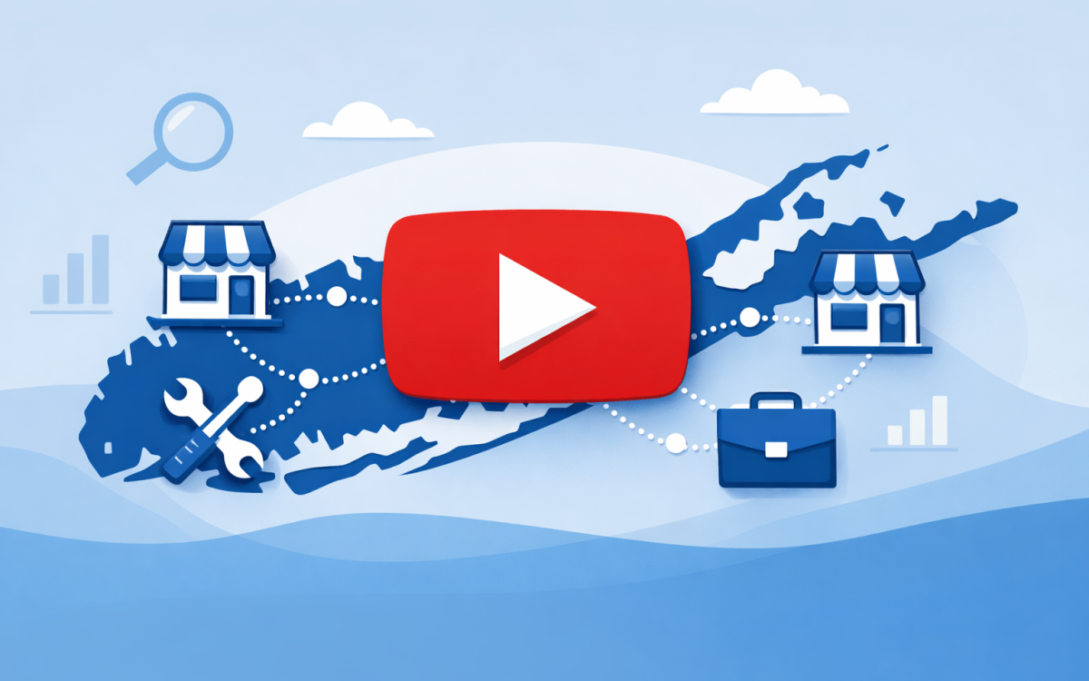 YouTube play button over a Long Island map with local business icons