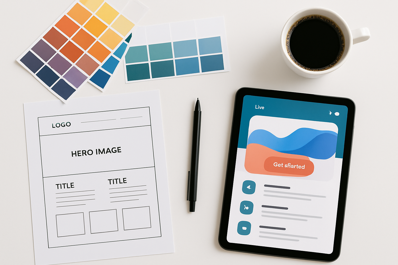 Design mockups and brand assets spread on a creative workspace