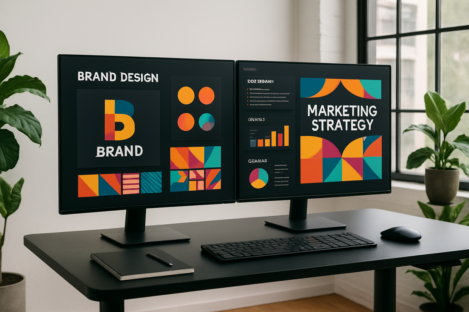 Dual monitor setup showing AI design workflow with brand assets