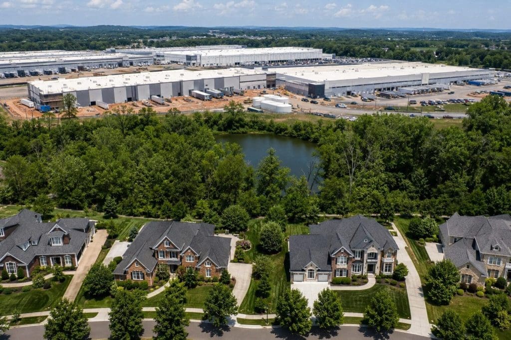 Split illustration comparing a nuclear plant with an AI data center
