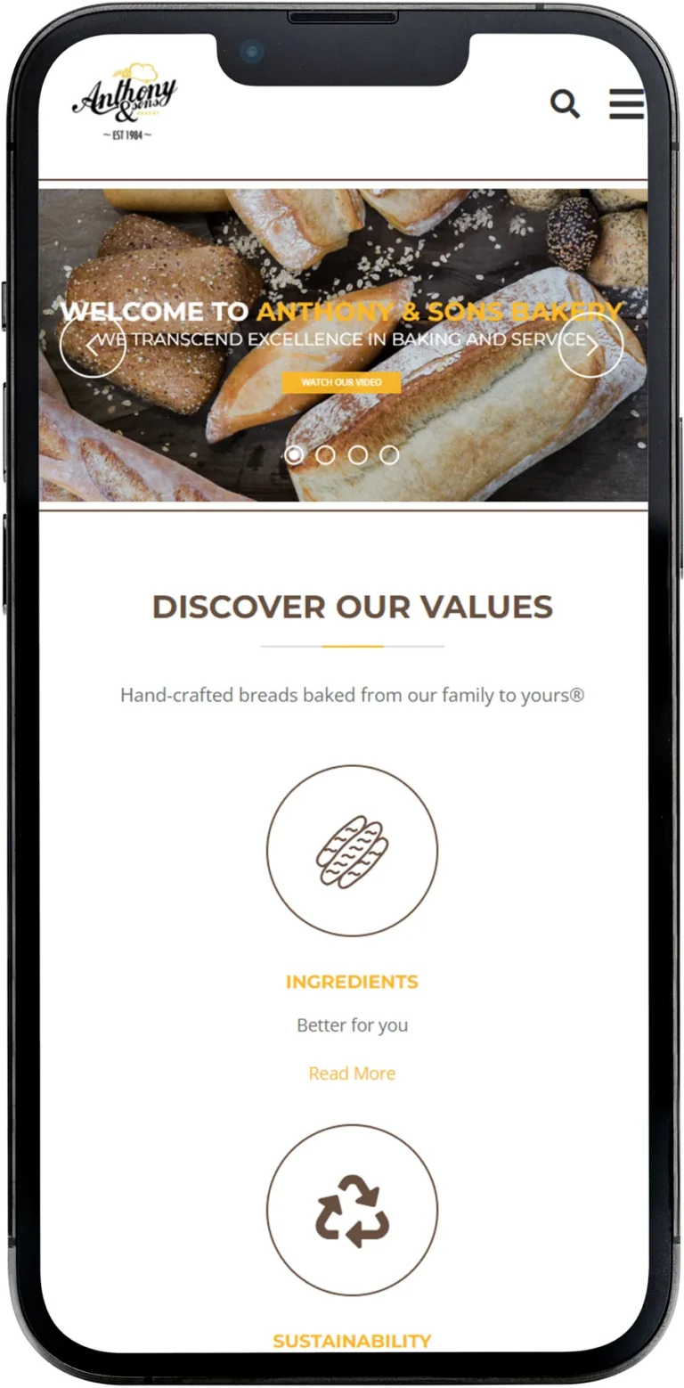 Anthony & Sons Bakery website design shown on a smartphone screen