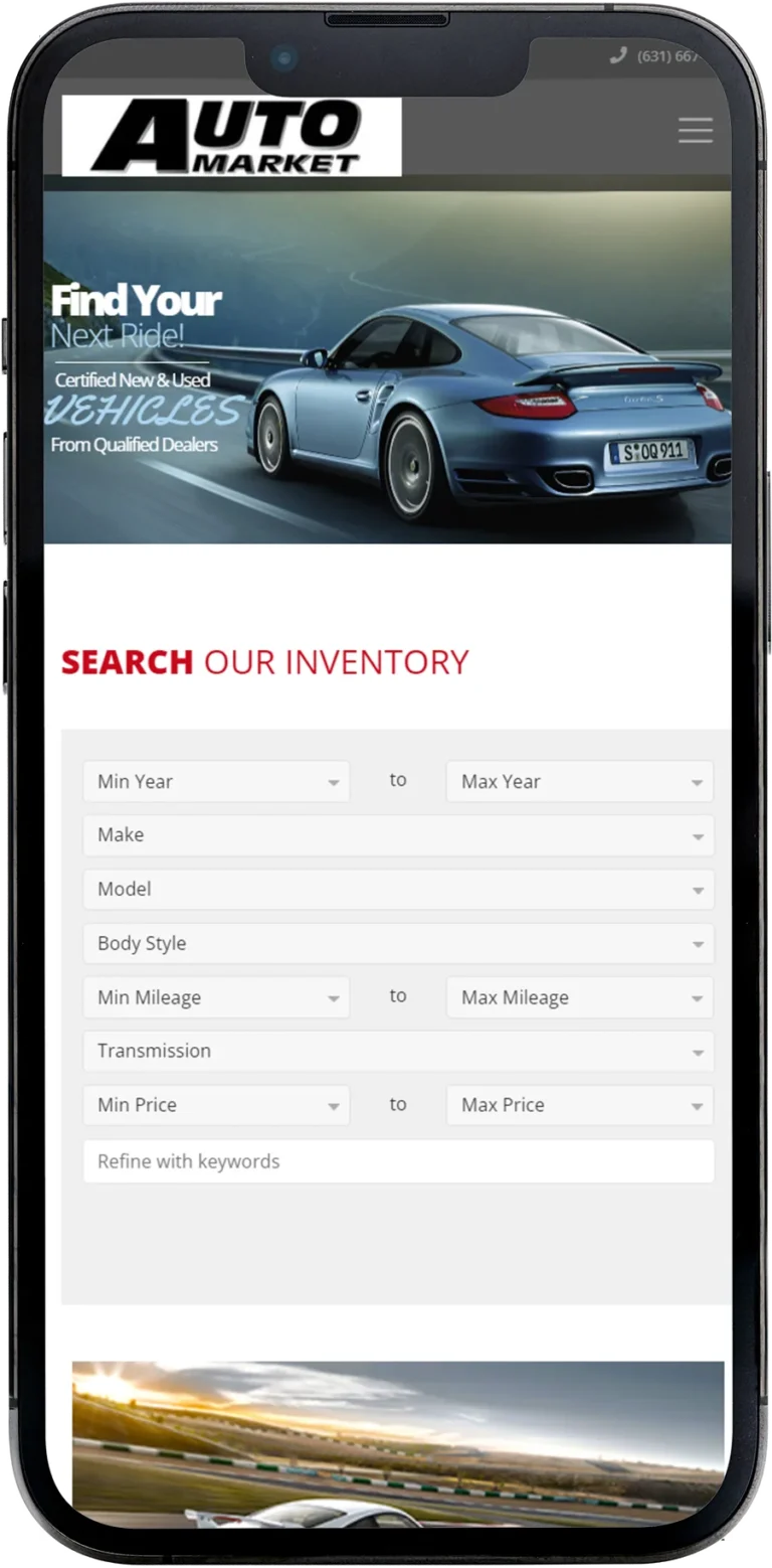 Automarket website design shown on a smartphone screen