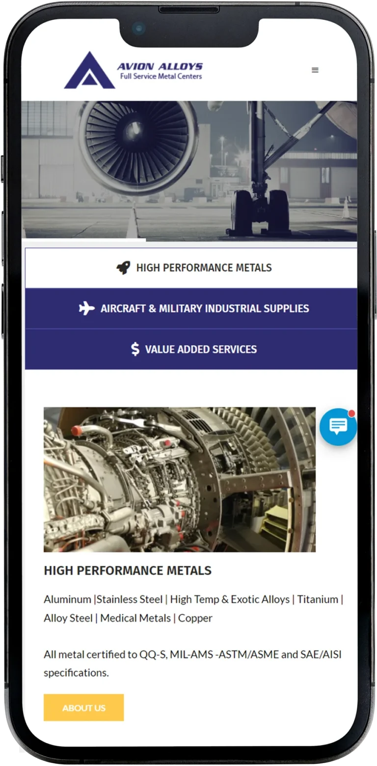 Avion Alloys website design shown on a smartphone screen