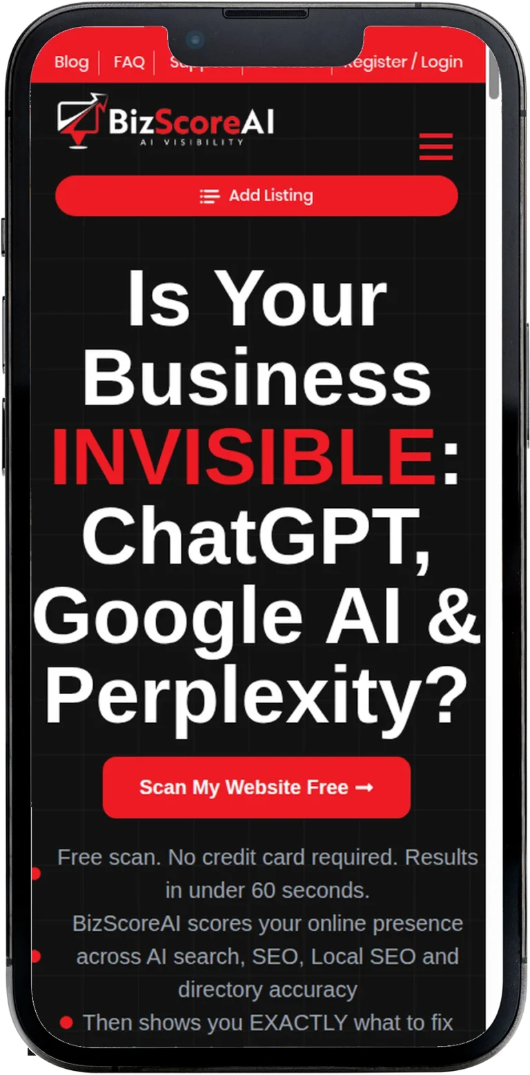 BizScoreAI.com website design shown on a smartphone screen