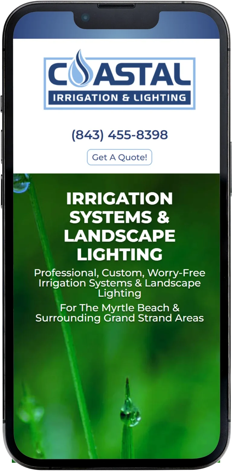 Coastal Irrigations website design shown on a smartphone screen