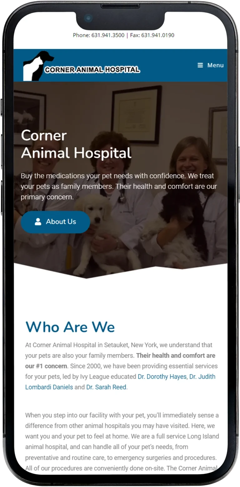 Corner Animal Hospital website design shown on a smartphone screen