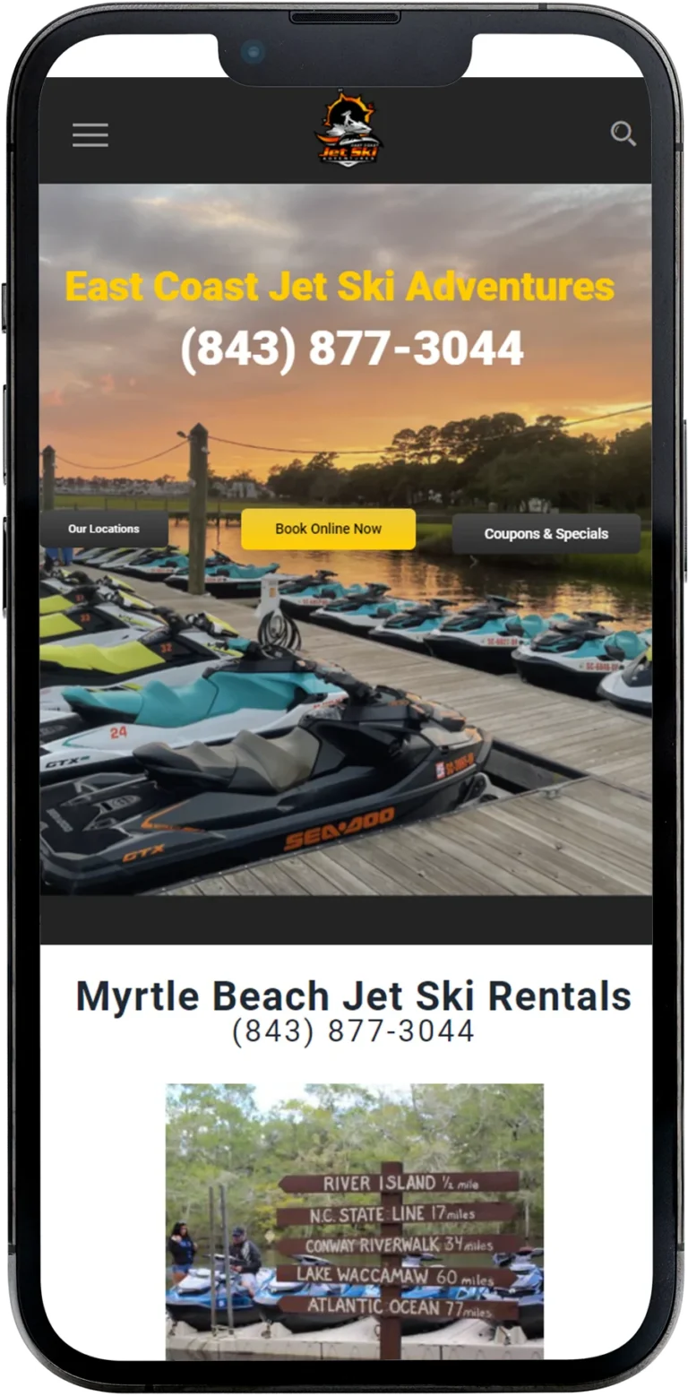 East Coast Jet Ski website design shown on a smartphone screen