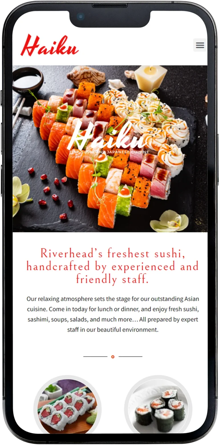 Haiku Sushi website design shown on a smartphone screen