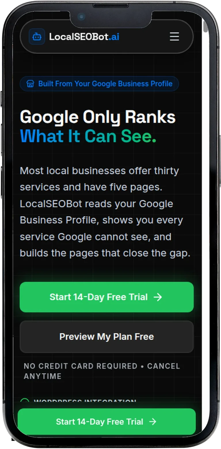 LocalSEOBot.ai website design shown on a smartphone screen