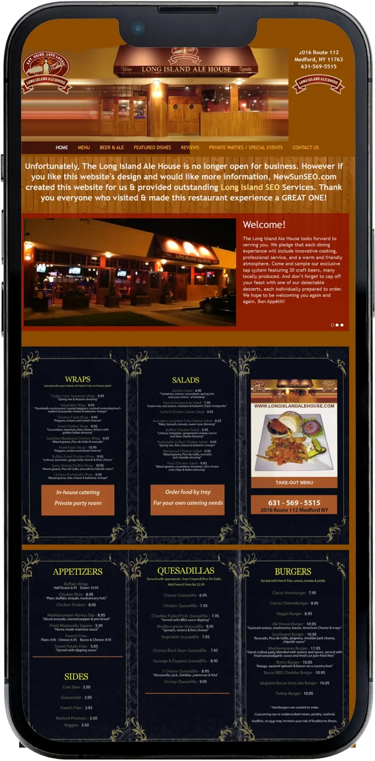 Long Island Ale House website design shown on a smartphone screen