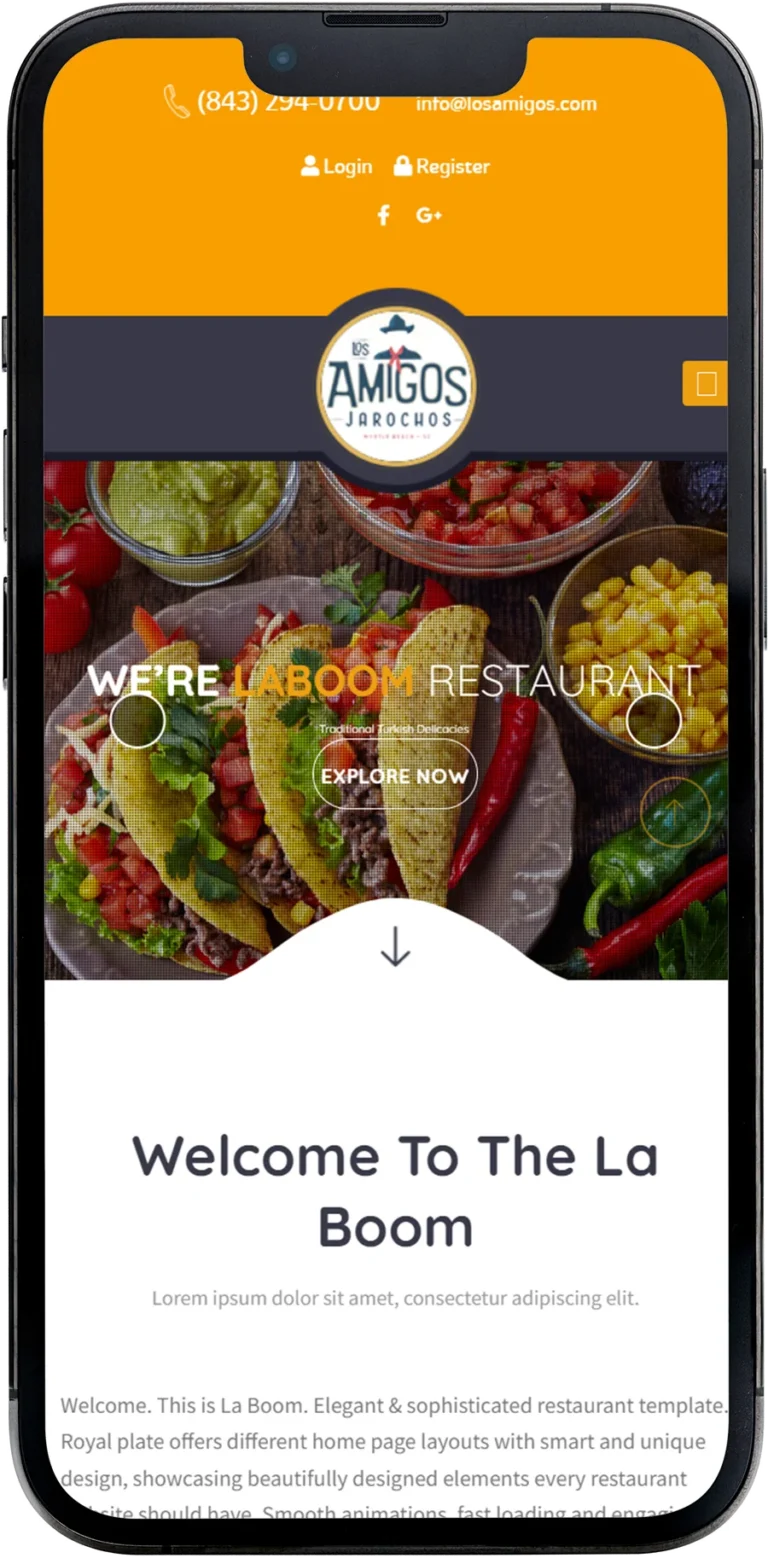 Los Amigos website design shown on a smartphone screen