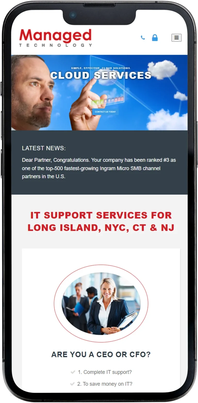 Managed Technology website design shown on a smartphone screen