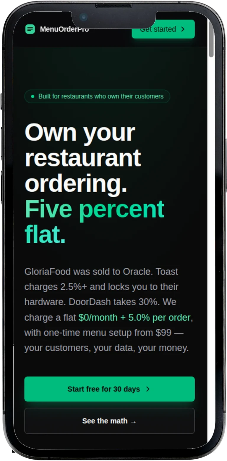 MenuOrderPro.com website design shown on a smartphone screen