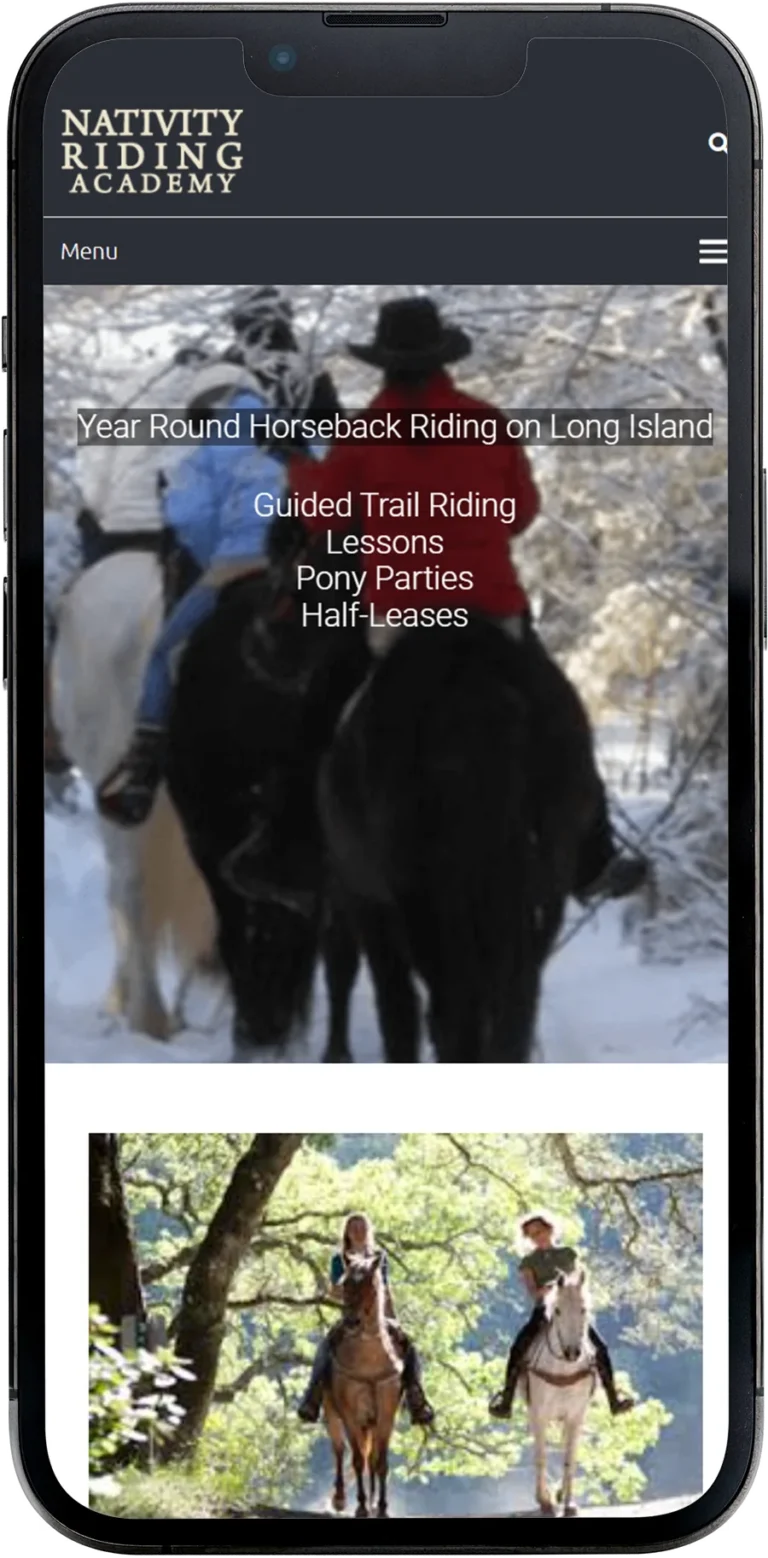 Nativity Riding Academy website design shown on a smartphone screen