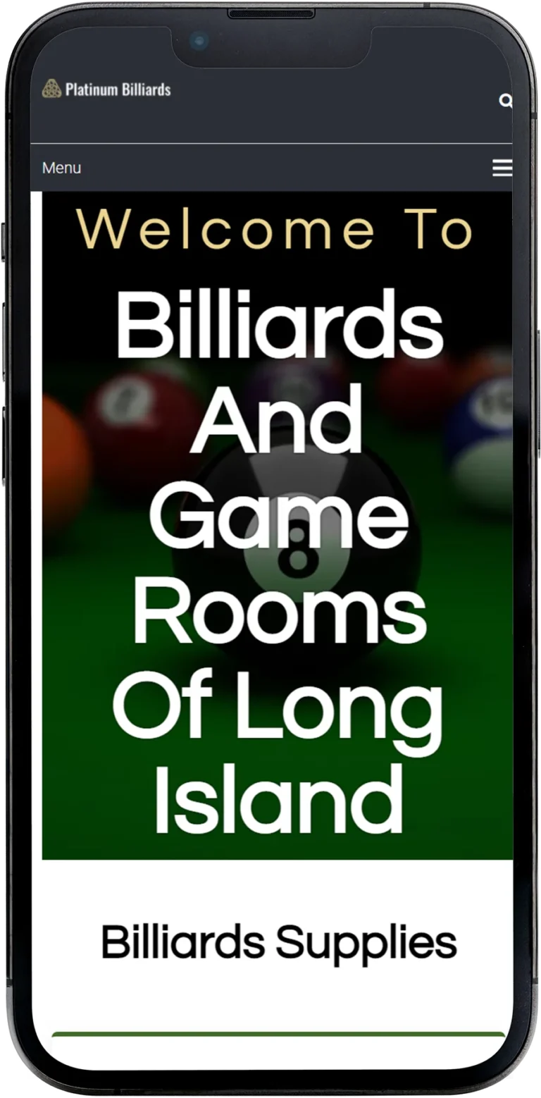 Platinum Billiards website design shown on a smartphone screen