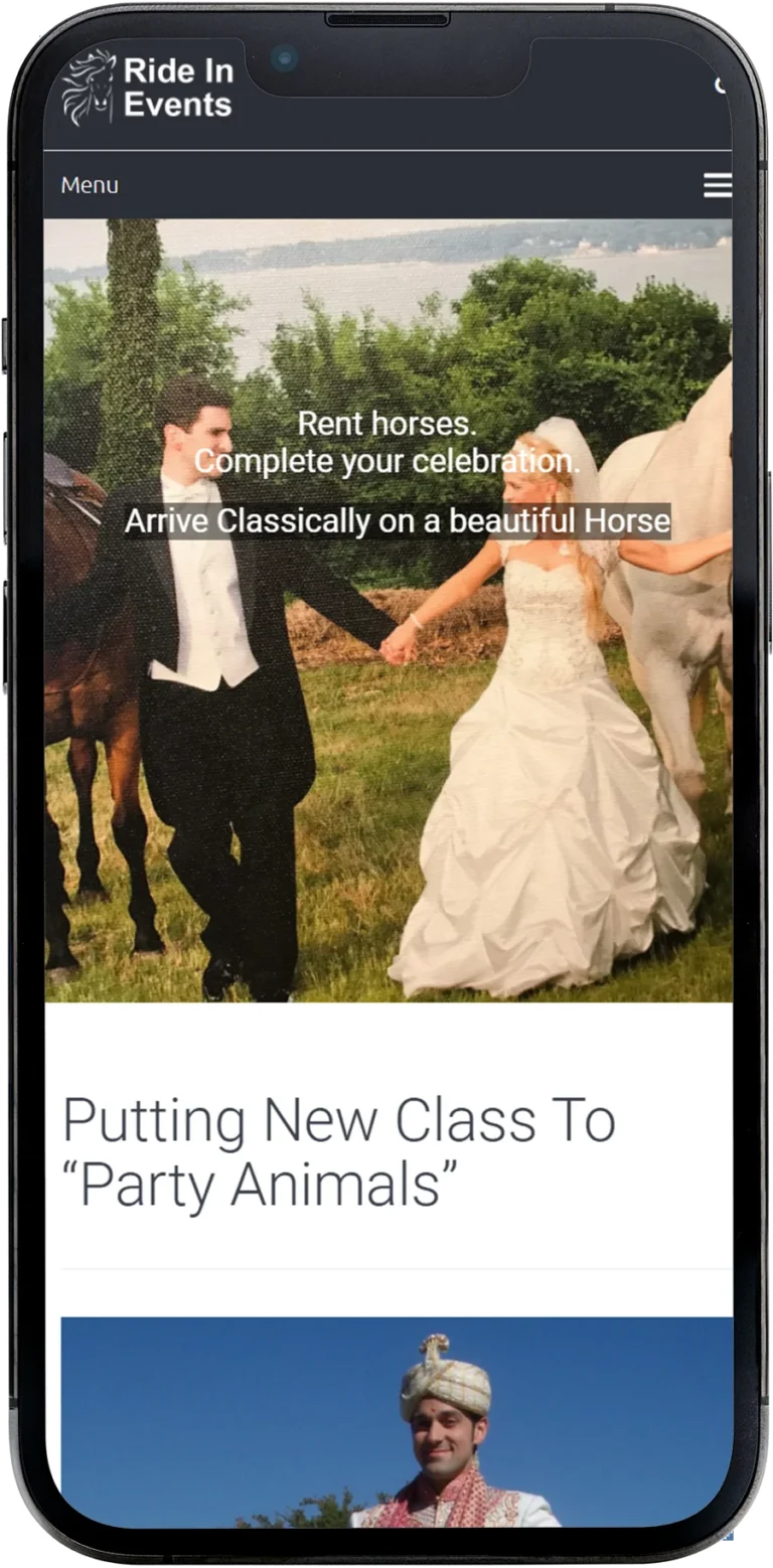 Ride-In Events website design shown on a smartphone screen