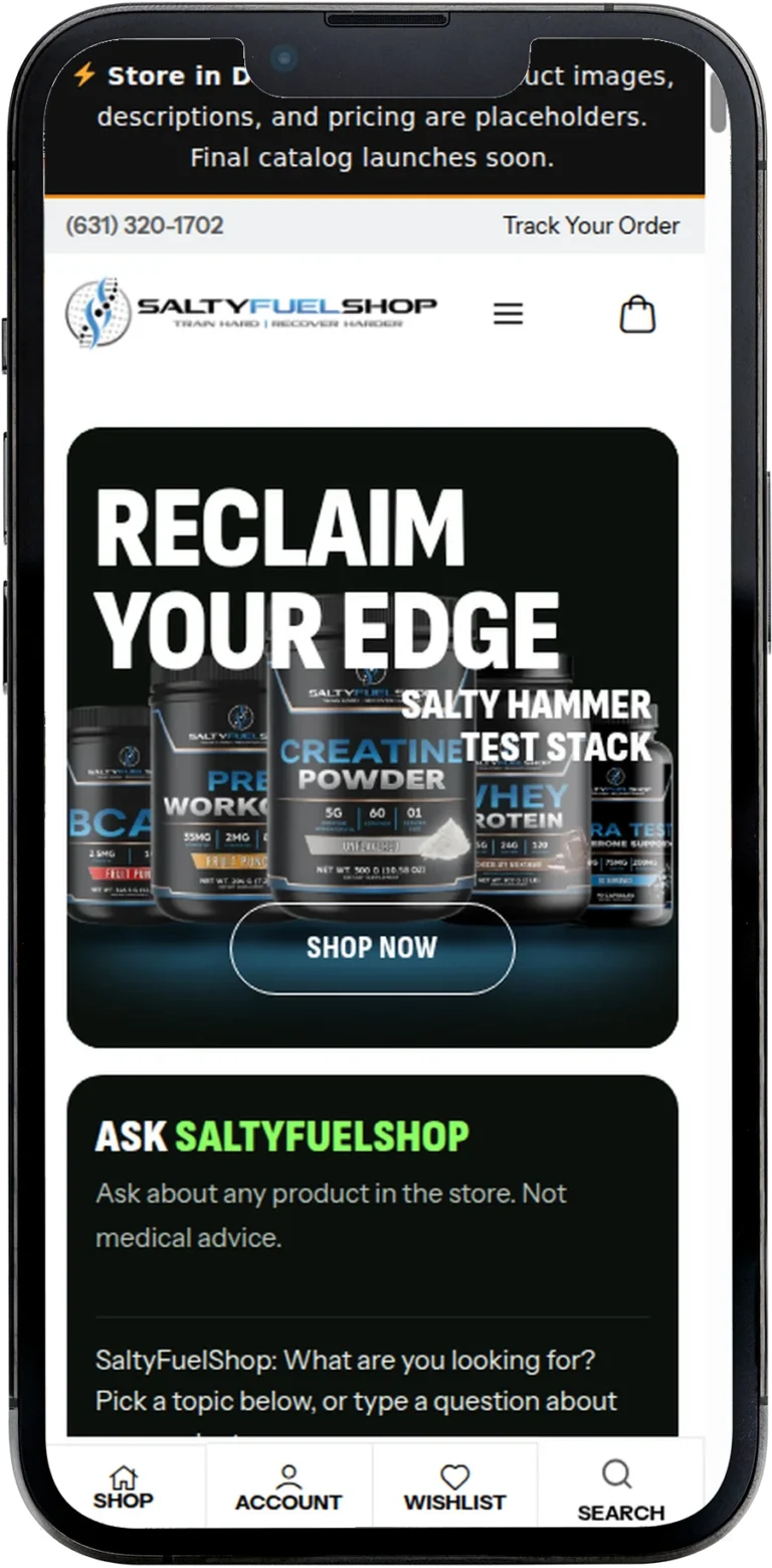 SaltyFuelShop.com website design shown on a smartphone screen
