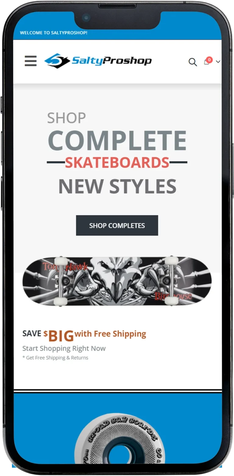 SaltyProShop.com website design shown on a smartphone screen