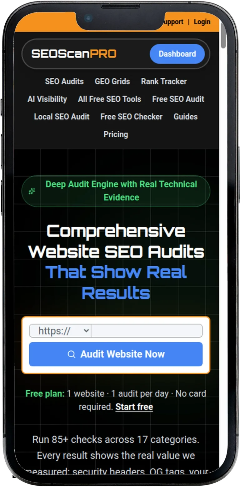 SEOScanPRO.ai website design shown on a smartphone screen