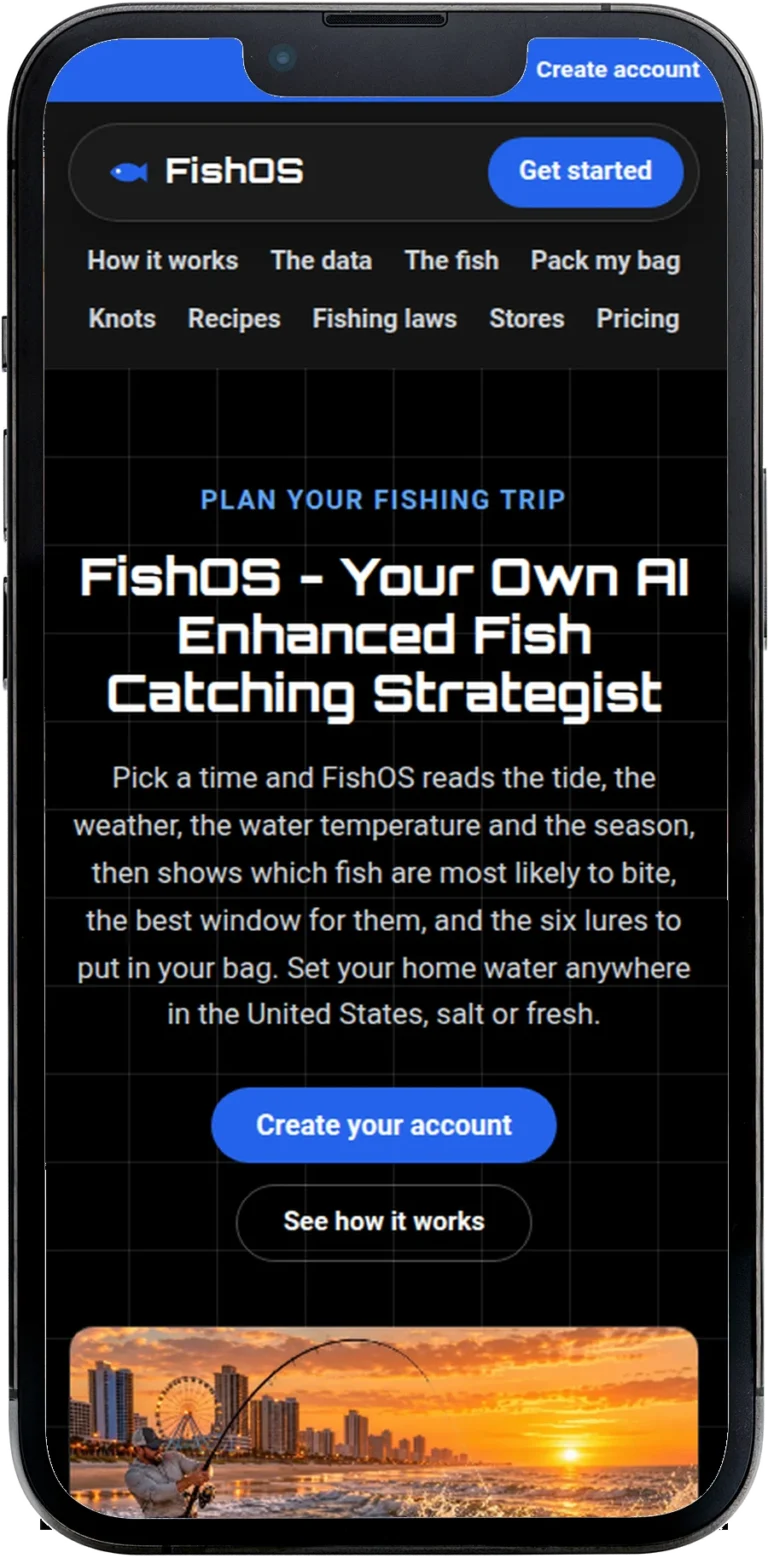 FishOS.ai website design shown on a smartphone screen